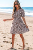 Brown Leopard Tied Front Keyhole Puff Short Sleeve Mini Dress